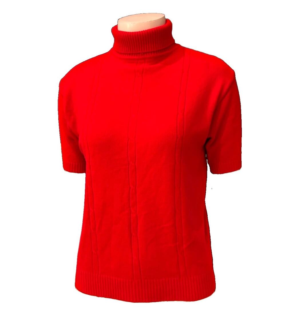 Vintage 70s Cherry Red Turtleneck Sweater Small Short Sleeve Mod Retro Knit -